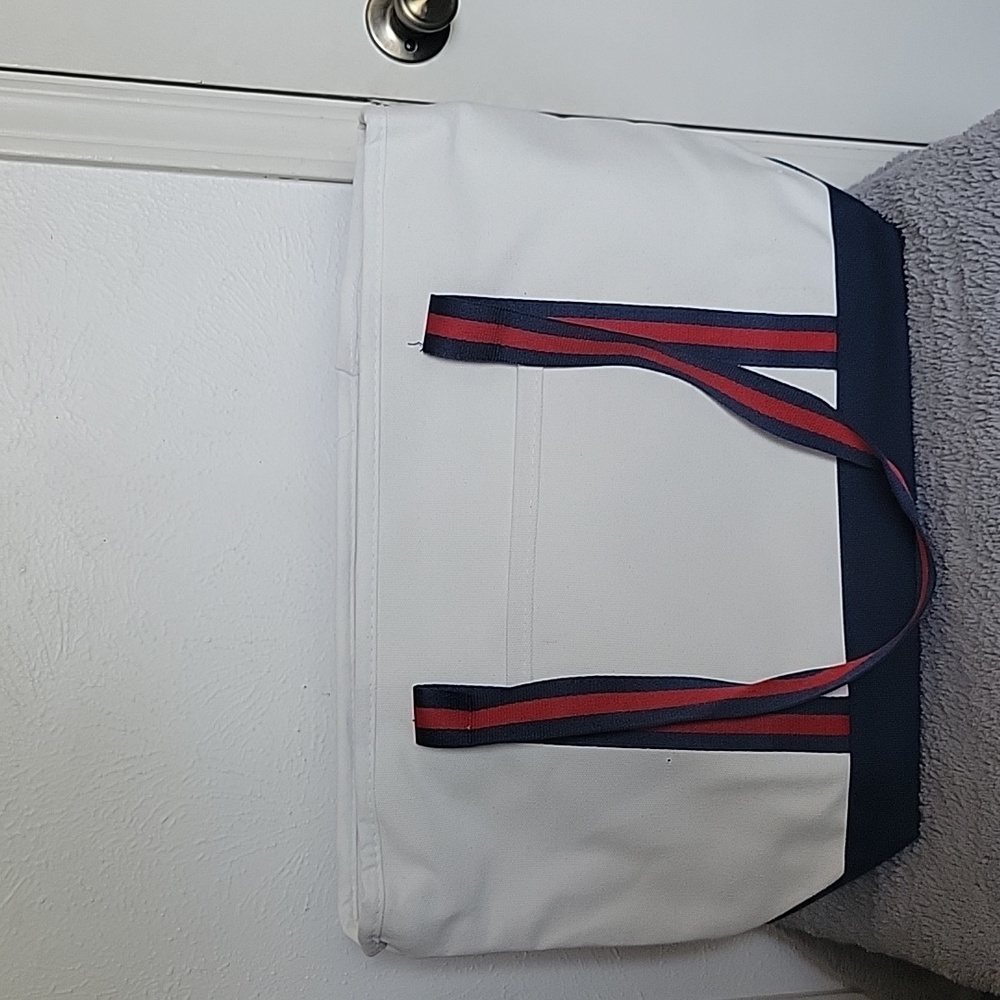 White Canvas Tote with Navy Base and Striped Shoulder Straps